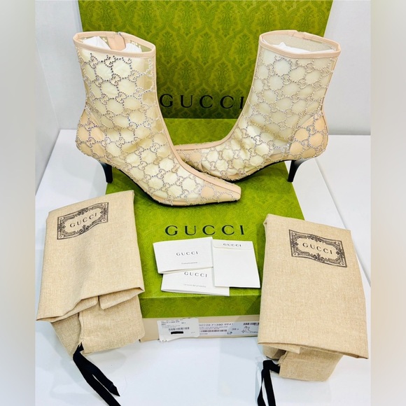 New! Gucci Demi Crystal Mesh Ankle Boots Beige Mid Heel Size EU-38.5 RETAIL$2950 - Picture 14 of 15